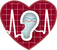 A red heart shape with a grid background features an electrocardiogram line running through it and a central ear silhouette with small blue and red line graphs inside.