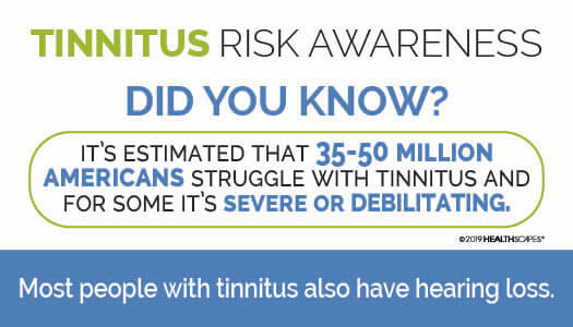 Infographic about tinnitus risk awareness stating that 35-50 million Americans have tinnitus, which can be severe or debilitating, and most people with tinnitus also have hearing loss.