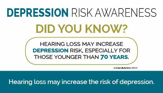 Infographic stating: Depression Risk Awareness. Did you know? Hearing loss may increase depression risk, especially for those younger than 70 years. Banner below says hearing loss may increase depression risk.