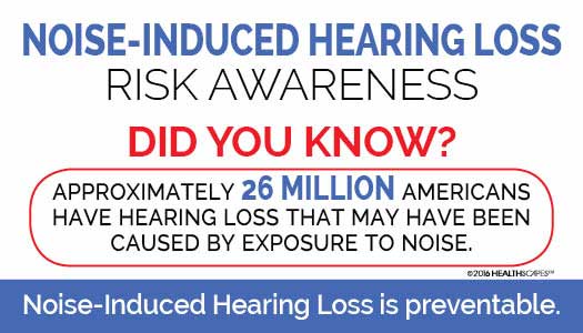 Infographic about noise-induced hearing loss, stating 26 million Americans may have hearing loss from noise exposure. It emphasizes that noise-induced hearing loss is preventable.
